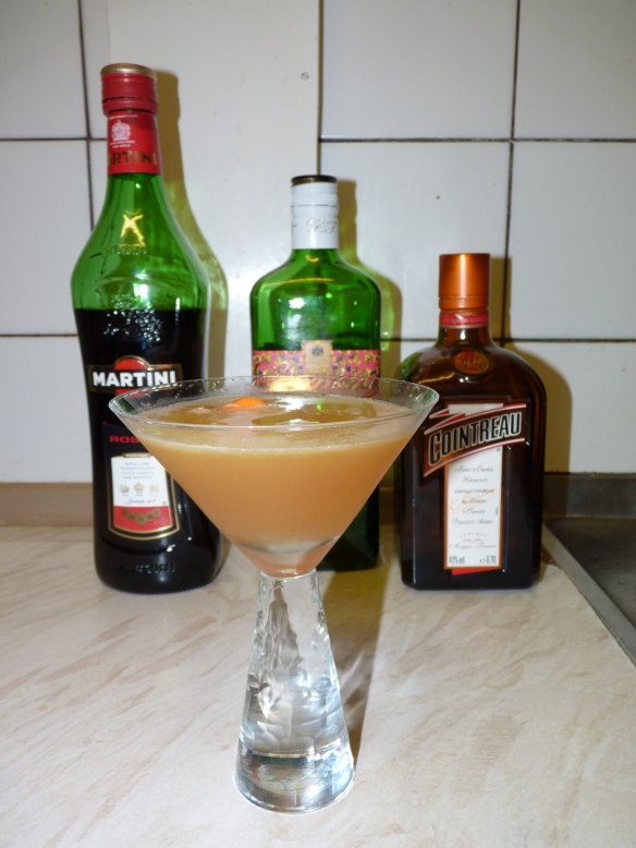 Sweet vermouth, gin, triple sec and orange juice combine to create a delicous orange drink with herbal notes.
